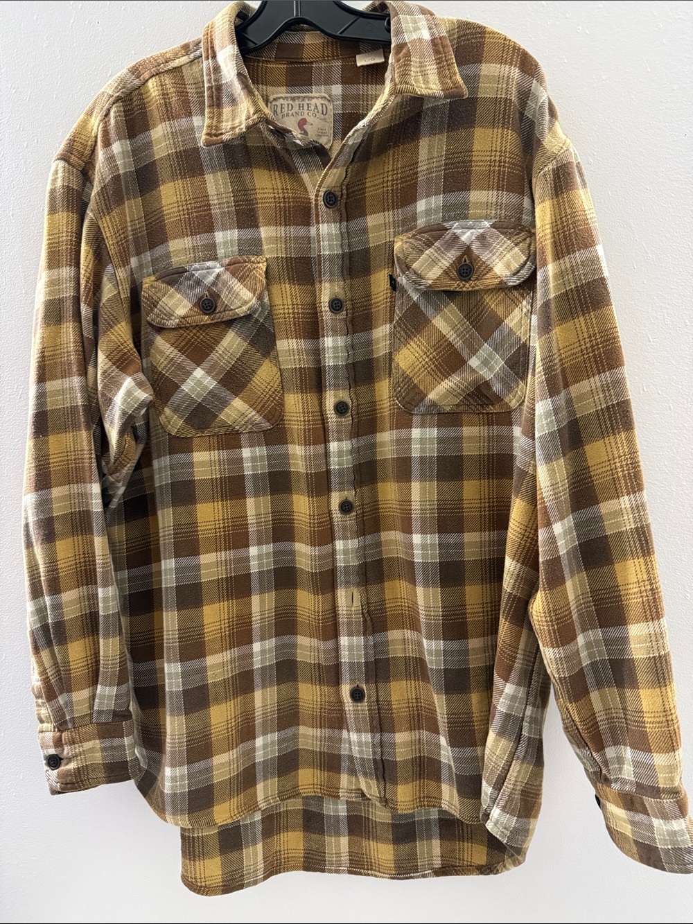 Red Head button up stripe yellow mustard plaid flannel L/S shirt Men Lg outdoor